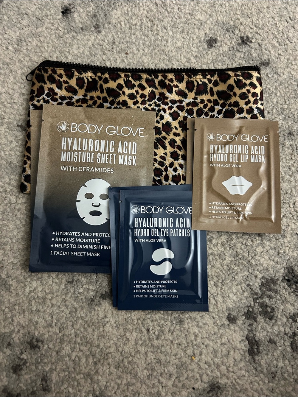 Body Glove Hyaluronic Acid Spa Gift Set w/ Leopard Cosmetic Bag Face Eye Lip